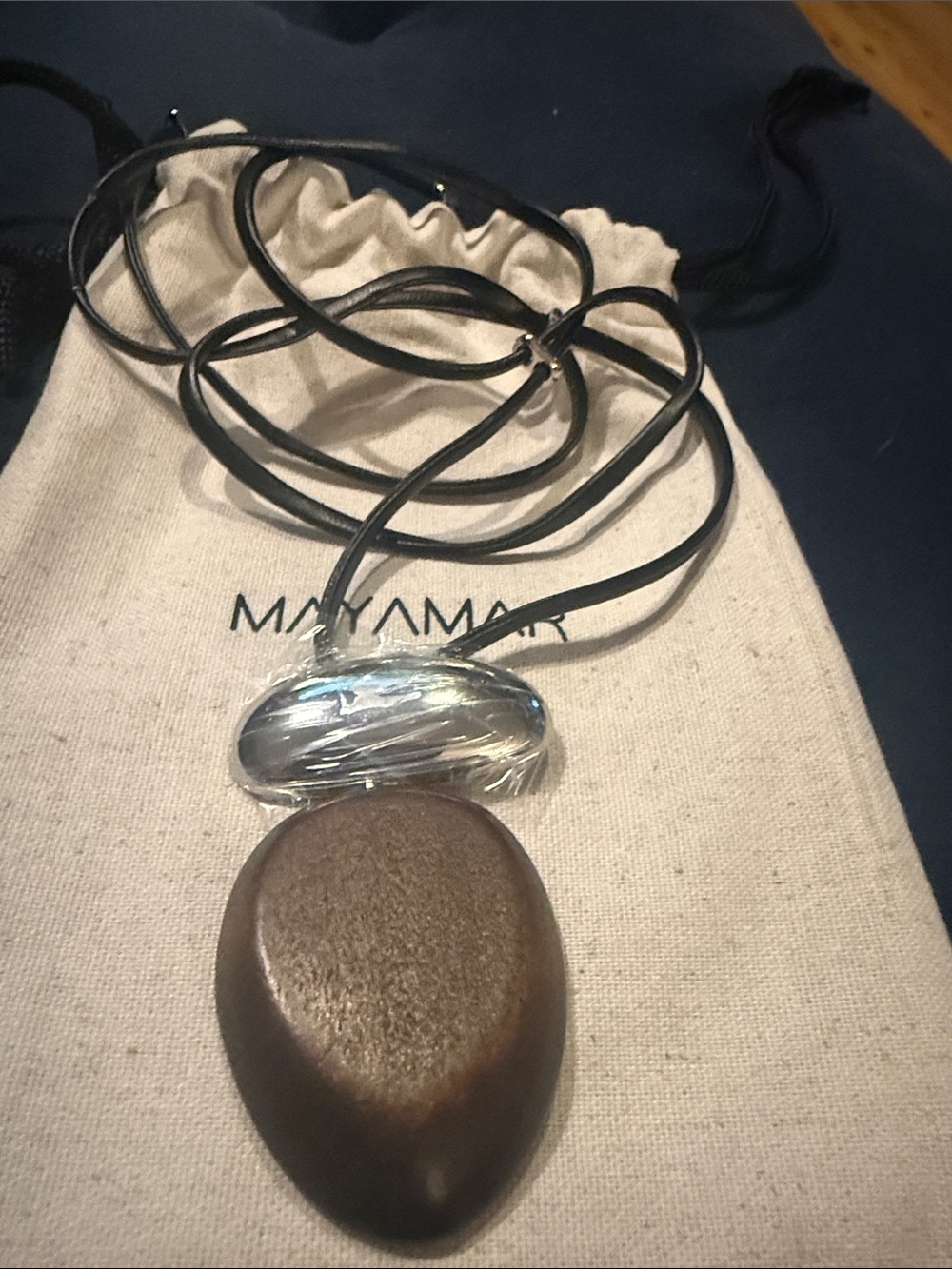 Black Leather Cord Necklace with Brown Wood Pendant - Picture 3 of 4